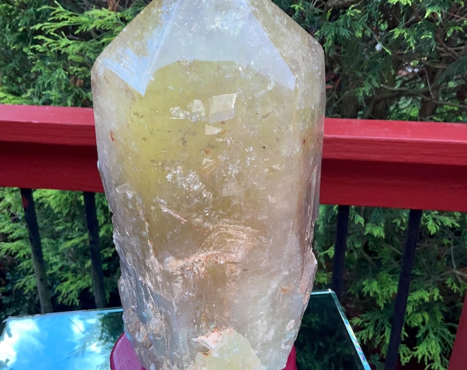 Clear Citrine Quartz Crystal Point ~ 13 Lb.  7 oz. ~ 10" Tall~ Sparkling Yellow with Golden Rainbow Inclusions ~ Custom Hand Carved Stand