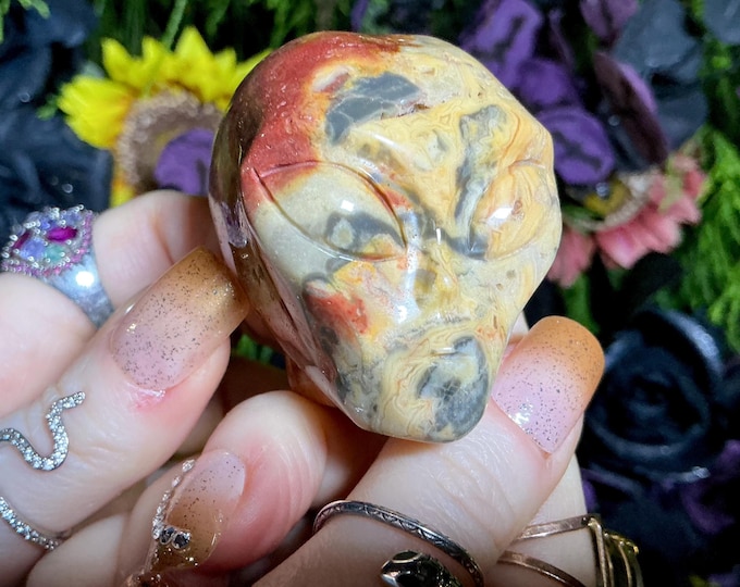 Crazy Lace Agate Mini Skull 5 oz. Crystal ~ 2" Long ~ Swirling Red & Yellow Colors ~ Expertly Hand -Carved Display Sculpture ~ Fast Shipping