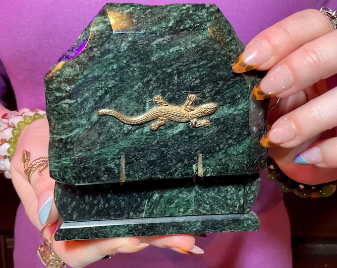 Serpentine Jewelry Box with Dome Top Hinged Lid ~ 4" Long ~ Hand Made Vintage Display Colorful Green & Black Colors