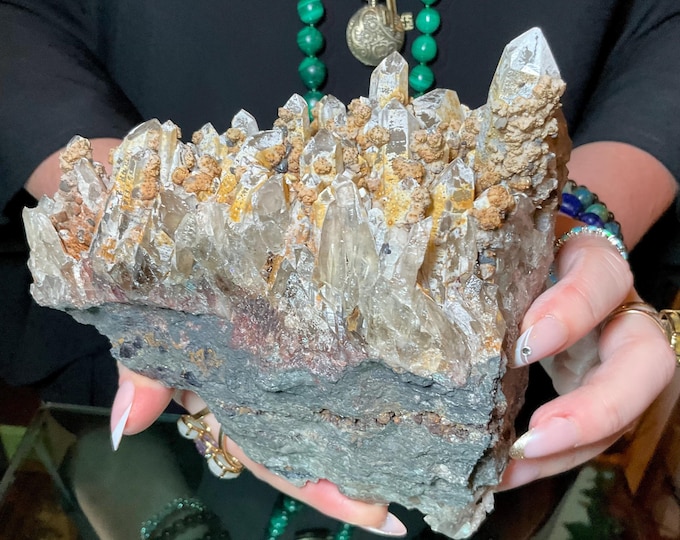 Quartz W/ Limonite & Calcite Crystal Cluster ~ Large 3 lb.  ~ 6" Long ~ Multi Points Sparkling on Natural Matrix ~ Reiki, Altar Display