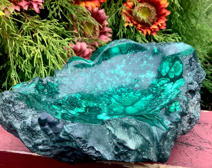 Malachite Crystal Bowl ~ Large 7 Lb. ~ 8" Long ~ Beautiful Hand Carved Mineral Specimen ~ Swirling Bullseye Patterns ~ Fast & Free Shipping