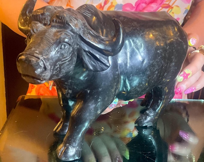 Vintage Verdite Water Buffalo ~ 10 Lb. 9 oz. Large ~ 10" Long ~ Detailed Hand Carved Zimbabwean Sculpture ~ Animal Totem, Altar, Display