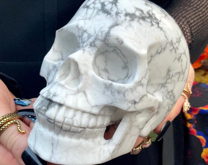 White Howlite Crystal Skull ~ Large 3 Lb. 2 oz. ~ 5" Long ~ High Quality Hand Carved ~ Gray Vein Pattern ~ Fast & Free Shipping from U.S.A ~