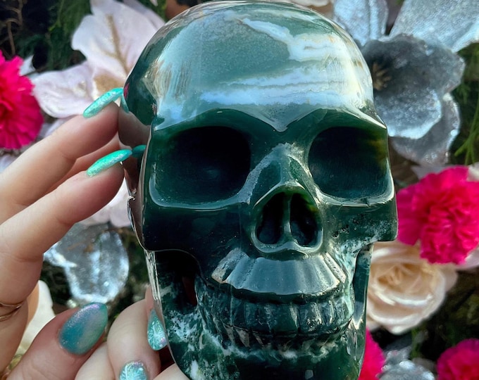 Moss Agate Crystal Skull ~ 2 Lb. 13 oz. ~ 5" Long ~ Swirling Green & White Colors ~ Expertly Hand-Carved Display Sculpture