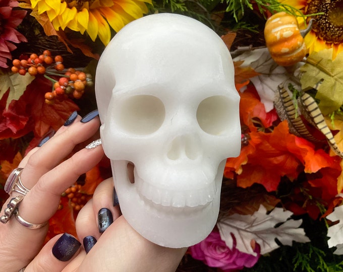 Hand Carved White Jade Skull: Sparkling Opaque Crystal Sculpture