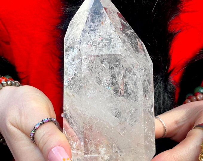 Ultra Clear Quartz BRAZILIAN Crystal Generator ~ Large 1 lb. ~ 5" Tall Tower ~ Sparkling Rainbow & Silver Inclusions
