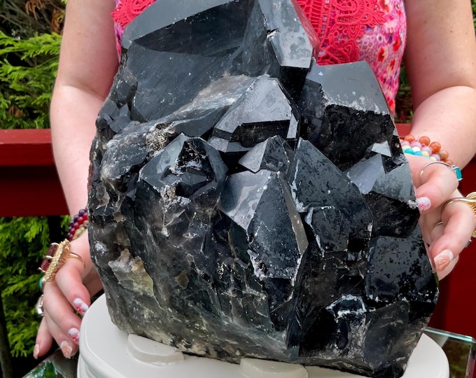 Black Morion Quartz Display Crystal 22 Lb. 14 oz.  Single-Terminated Point Cluster ~10" Tall ~Natural Black Color ~ Custom Hand Carved Stand