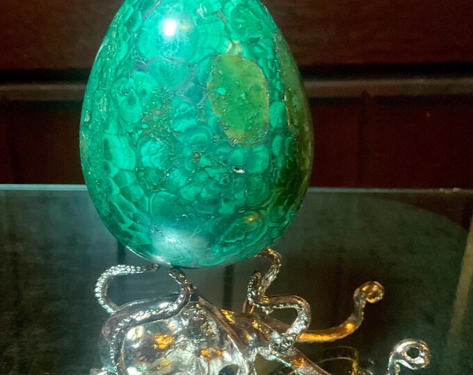 Malachite Egg Large 1 Lb. with Stand ~3" Tall ~ Hand Carved from Congo Africa ~ Swirling Bull's Eyes Patterns