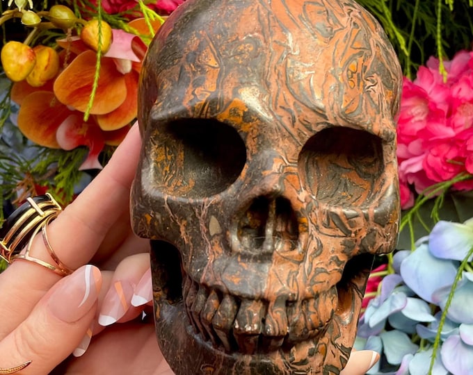 Fossilized Jasper Crystal Skull ~ Large 2 Lb. 14 oz.  ~ 5" Long ~ Hand Carved Sculpture ~ Golden Red Brown & Black Colors, Fast Shipping USA