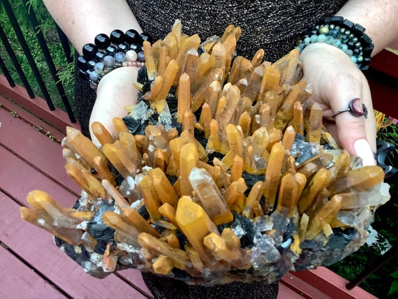 Limonite & Black Barite Quartz Crystal Cluster ~ Large 9 Lb. 9 oz. ~ 9" Long ~ Orange Points ~ Sacral Chakra Reiki Altar Display ~ Stunning