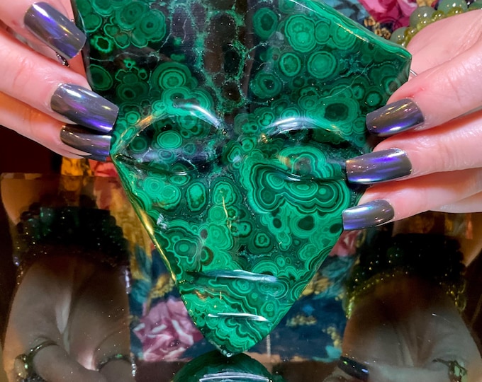 Malachite African Hand Carved 11 oz. Vintage Mask ~ 5" Long ~ Stunning Carving Museum Display Specimen ~ Gorgeous Green Mineral Crystal