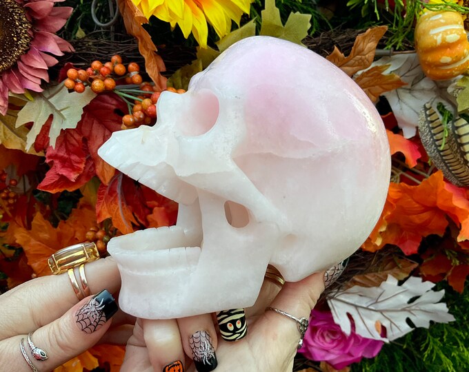 Pink Aragonite Laughing Crystal Skull ~ Large 3 Lb. ~ 5" Long ~ Hand Carved Sparkling Sculpture ~ Fast Free & Fast Shipping from U.S.A. ~