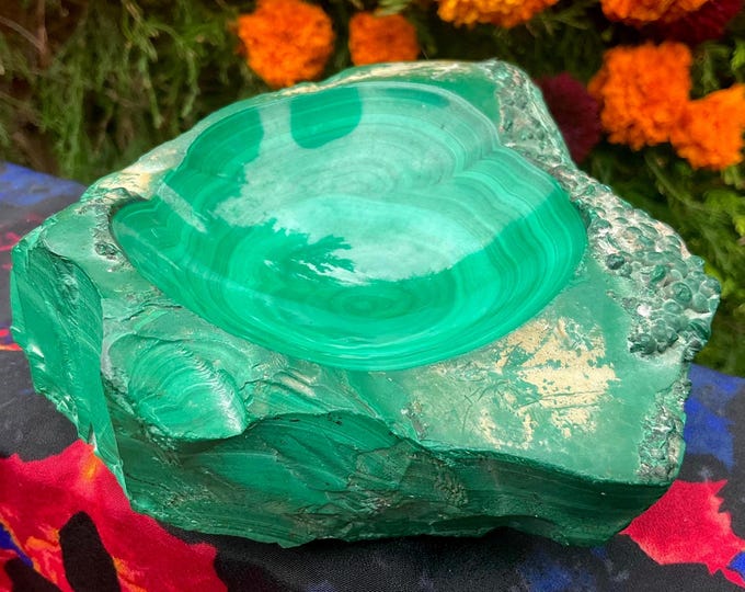 Malachite Crystal Bowl ~ Large 2 Lb. 13 oz. ~ 5" Long ~ Polished Green Mineral Specimen ~ Natural Swirling Bullseye Patterns