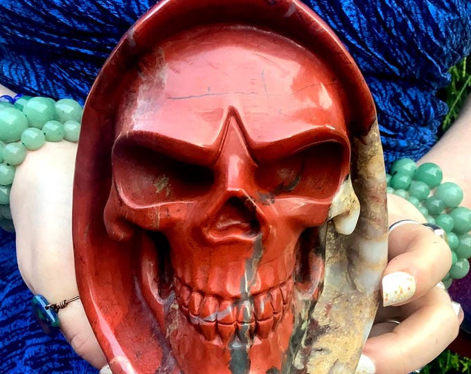 Red Jasper Crystal “Grim Reaper" Skull ~ Large 5 Lb. 8 oz. ~ 6" Tall ~ High Luster Red White & Gold Colors ~ One-of-a-Kind