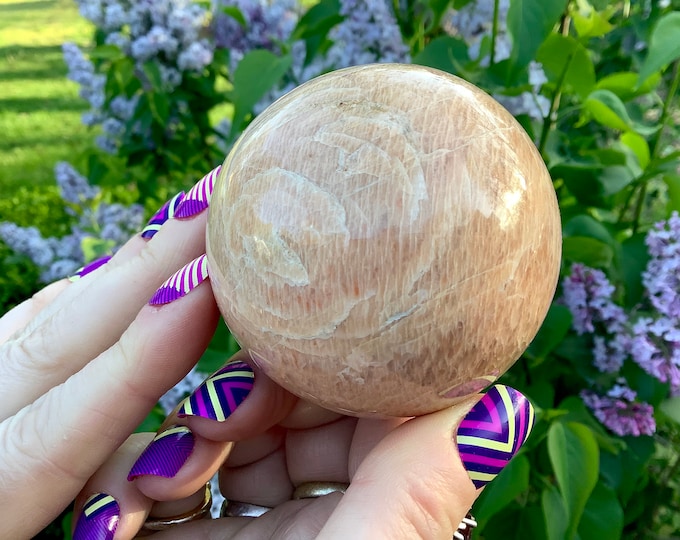 Peach Moonstone Crystal Ball ~ 12 oz. Sphere ~ 2 1/2" Wide ~ Flashing Iridescent Mineral ~ Beautiful Home Decor ~ Fast & Free Shipping, USA