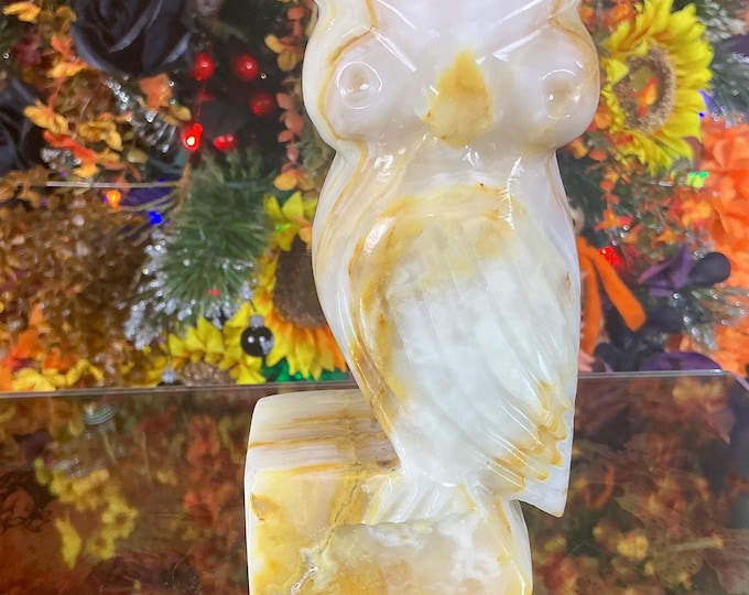 Onyx Owl Carving ~ 1 Lb. 15 oz. ~ 6" Tall ~ Sparkling Golden & White~ Colors ~ Owl Spirit Animal Totem ~ Metaphysical Crystal Decor