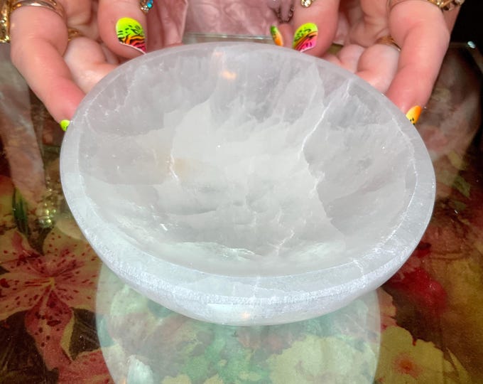 Selenite Crystal Jewelry Dish ~ Large 1 Lb. 3 oz. - 5 1/2 " Oval ~ Beautiful Transparent White Mineral ~ Swirling Pearlescent Patterns