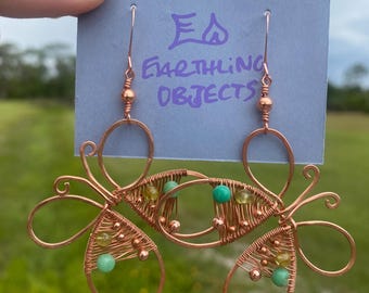 Butterfly Weaved EarRings with Chrysocolla, Peridot, and Copper