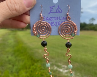 Spiral EarRings with Obsidian, Agate, and Copper
