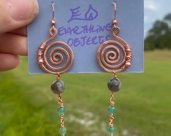 Spiral EarRings with Labrodorite, Agate, Jade, and Copper