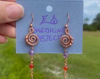 Spiral EarRings with Amethyst, Carnelian, and Garnet