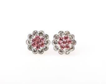 Sterling Silver Pave Radiance Stud Earrings, Swarovsky Crystals, 7mm Flower, Light Rose(Pink) Color, Unique BlingBling Korean Style