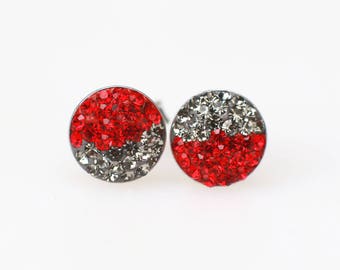 Sterling Silver Pave Radience Stud Earrings, Swarovsky Crystals, Half and Half, BlackDia and Light Siam(Red), Unique Style Stud Earrings.