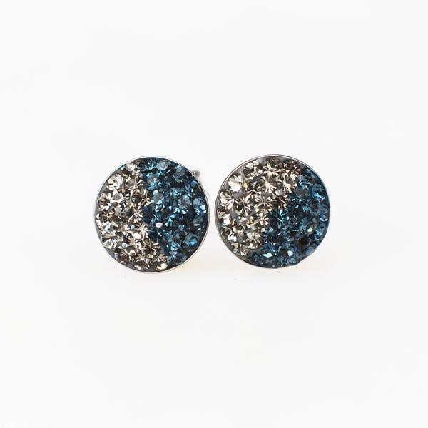 Sterling Silver Pave Radience Stud Earrings, Swarovsky Crystals, Half and Half, Blackdia and Navy, Unique and Chic Style Stud Earrings.