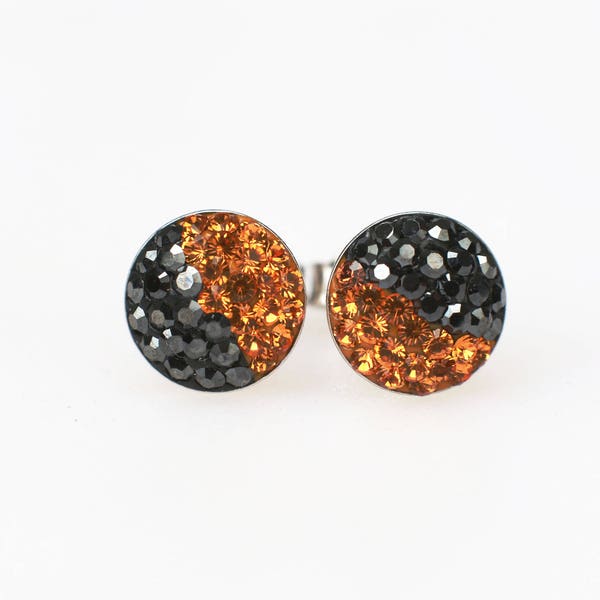 Sterling Silver Pave Radience Stud Earrings, Swarovsky Crystals, Half and Half, Jet Hema and Smokey Topaz, Unique Style Stud Earrings.