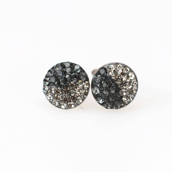 Sterling Silver Pave Radience Stud Earrings, Swarovsky Crystals, Half and Half, Blackdia and Silver Night, Unique Style Stud Earrings.