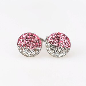 Sterling Silver Pave Radience Stud Earrings, Swarovsky Crystals, Half and Half, Light RosePink and Crystal, Unique Style Stud Earrings. image 1