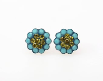 Sterling Silver Pave Radiance Stud Earrings, Swarovsky Crystals, 7mm Flower, Turquoise and Olivine Color, Unique BlingBling Korean Style
