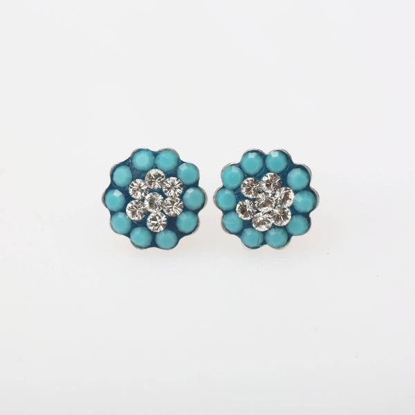 Sterling Silver Pave Radience Stud Earrings, Swarovsky Crystals, 7mm Flower, Turquoise & Crystal Color, Unique BlingBling Korean Style
