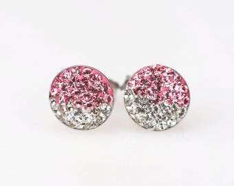Sterling Silver Pave Radience Stud Earrings, Swarovsky Crystals, Half and Half, Light Rose(Pink) and Crystal, Unique Style Stud Earrings.