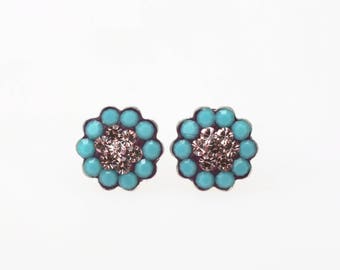 Sterling Silver Pave Radiance Stud Earrings, Swarovsky Crystals, 7mm Flower, Turquoise and Light Amethyst Color, Unique Korean Style