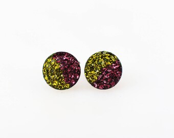 Sterling Silver Pave Radience Stud Earrings, Swarovsky Crystals, Half and Half, Amethyst and Olivine, Unique and Chic Style Stud Earrings.