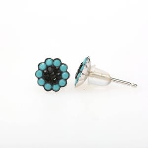 Sterling Silver Pave Radiance Stud Earrings, Swarovsky Crystals, 7mm Flower, Turquoise and JetBlack Color, Unique BlingBling Korean Style image 3