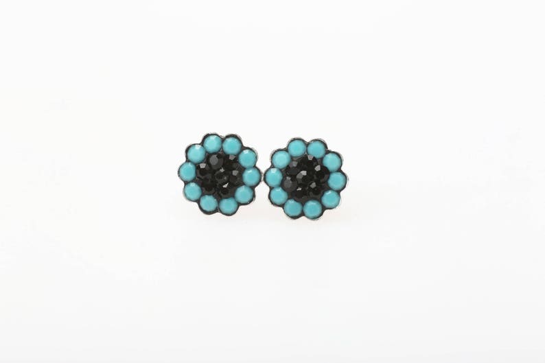 Sterling Silver Pave Radiance Stud Earrings, Swarovsky Crystals, 7mm Flower, Turquoise and JetBlack Color, Unique BlingBling Korean Style image 1