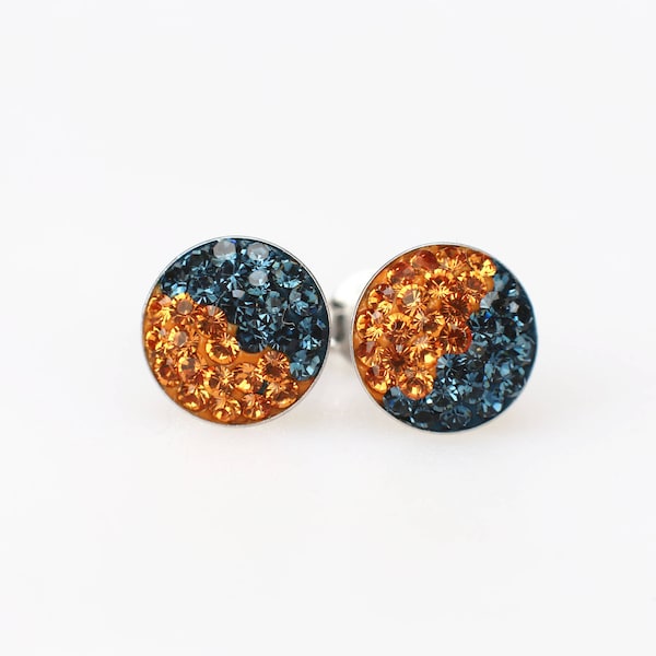 Sterling Silver Pave Radience Stud Earrings, Swarovsky Crystals, Half and Half, Montana and Topaz, Unique and Chic Style Stud Earrings.