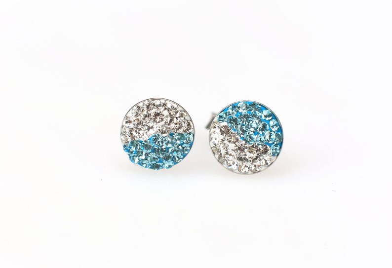 Sterling Silver Pave Radience Stud Earrings, Swarovsky Crystals, Half and Half, Aquamarine and White, Unique and Chic Style Stud Earrings. image 1