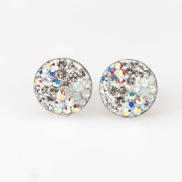 Sterling Silver Pave Radience Stud Earrings, Swarovsky Crystals, White Pizza Pattern, Unique BlingBling Korean Style