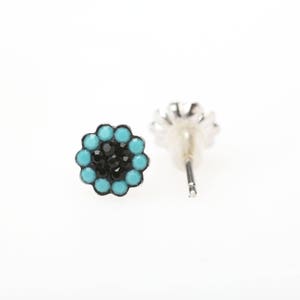 Sterling Silver Pave Radiance Stud Earrings, Swarovsky Crystals, 7mm Flower, Turquoise and JetBlack Color, Unique BlingBling Korean Style image 4