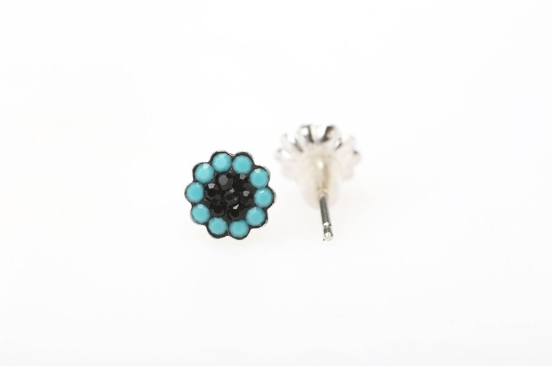 Sterling Silver Pave Radiance Stud Earrings, Swarovsky Crystals, 7mm Flower, Turquoise and JetBlack Color, Unique BlingBling Korean Style image 4