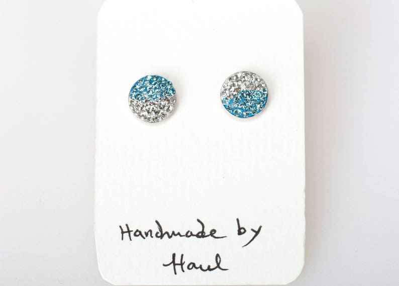 Sterling Silver Pave Radience Stud Earrings, Swarovsky Crystals, Half and Half, Aquamarine and White, Unique and Chic Style Stud Earrings. image 2