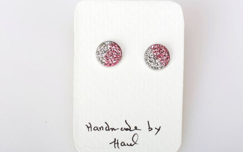 Sterling Silver Pave Radience Stud Earrings, Swarovsky Crystals, Half and Half, Light RosePink and Crystal, Unique Style Stud Earrings. image 2