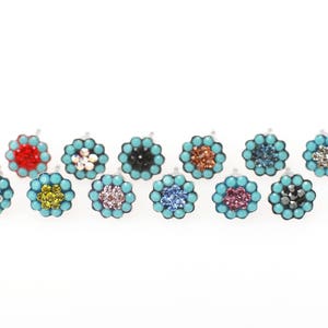 Sterling Silver Pave Radiance Stud Earrings, Swarovsky Crystals, 7mm Flower, Turquoise and JetBlack Color, Unique BlingBling Korean Style image 5