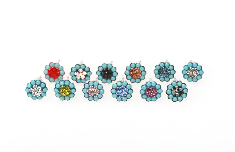 Sterling Silver Pave Radiance Stud Earrings, Swarovsky Crystals, 7mm Flower, Turquoise and JetBlack Color, Unique BlingBling Korean Style image 5
