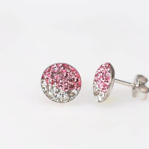 Sterling Silver Pave Radience Stud Earrings, Swarovsky Crystals, Half and Half, Light RosePink and Crystal, Unique Style Stud Earrings. image 3