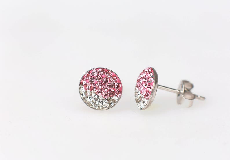 Sterling Silver Pave Radience Stud Earrings, Swarovsky Crystals, Half and Half, Light RosePink and Crystal, Unique Style Stud Earrings. image 3