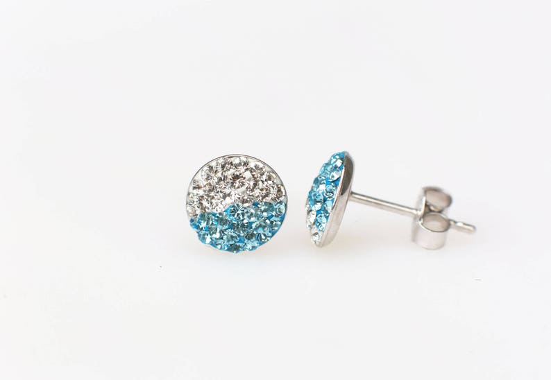 Sterling Silver Pave Radience Stud Earrings, Swarovsky Crystals, Half and Half, Aquamarine and White, Unique and Chic Style Stud Earrings. image 3